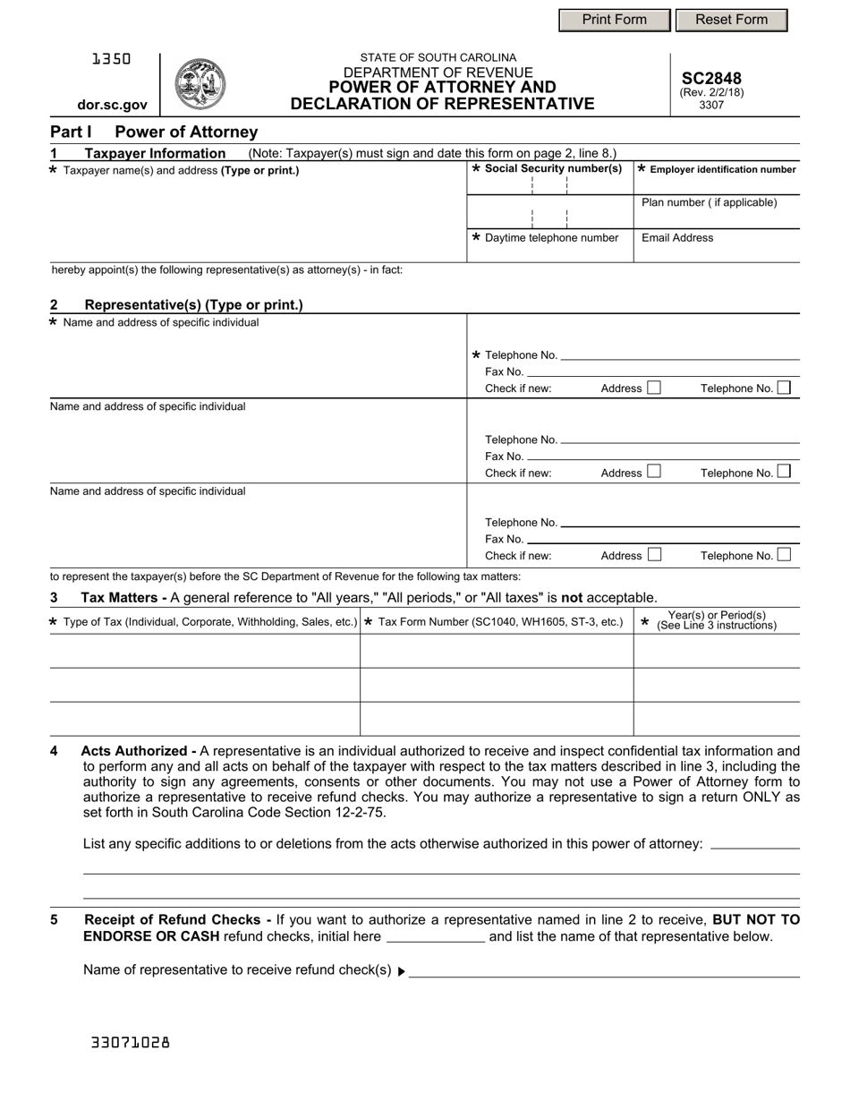 Form SC2848 Power of Attorney and Declaration of Representative - South Carolina, Page 1