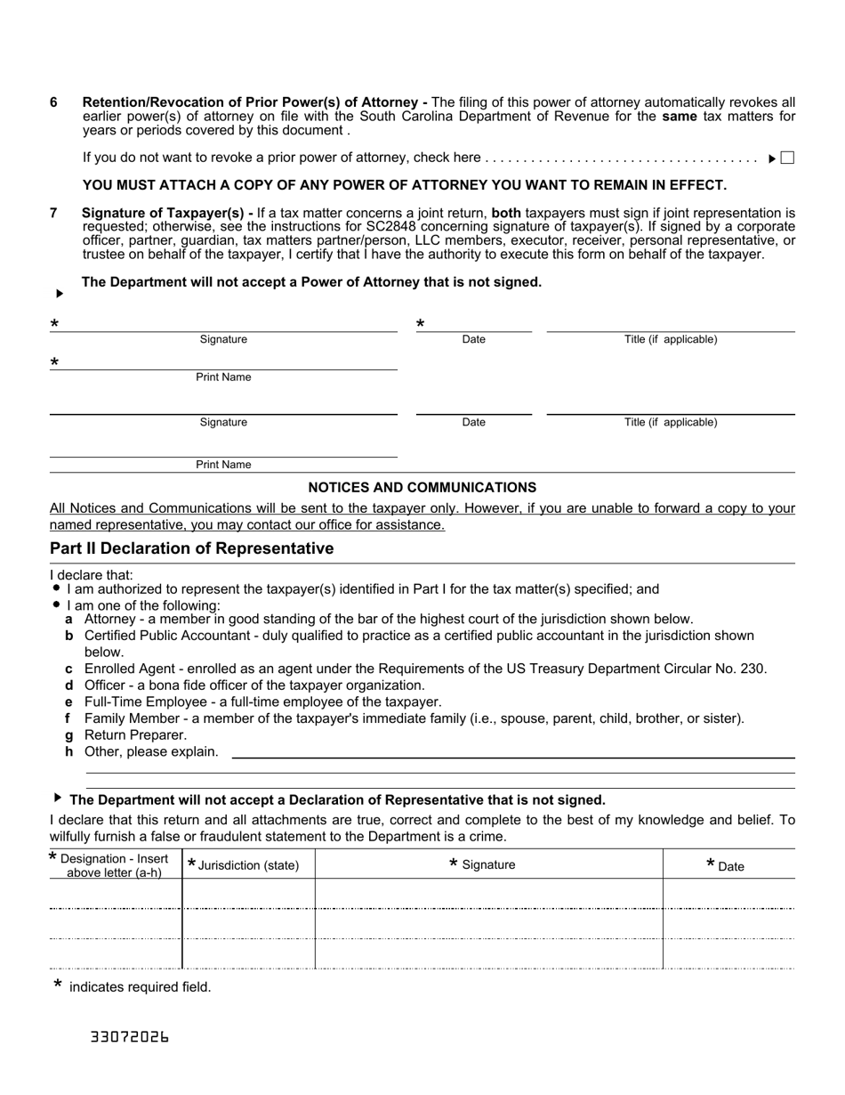 Form SC2848 Power of Attorney and Declaration of Representative - South Carolina, Page 2