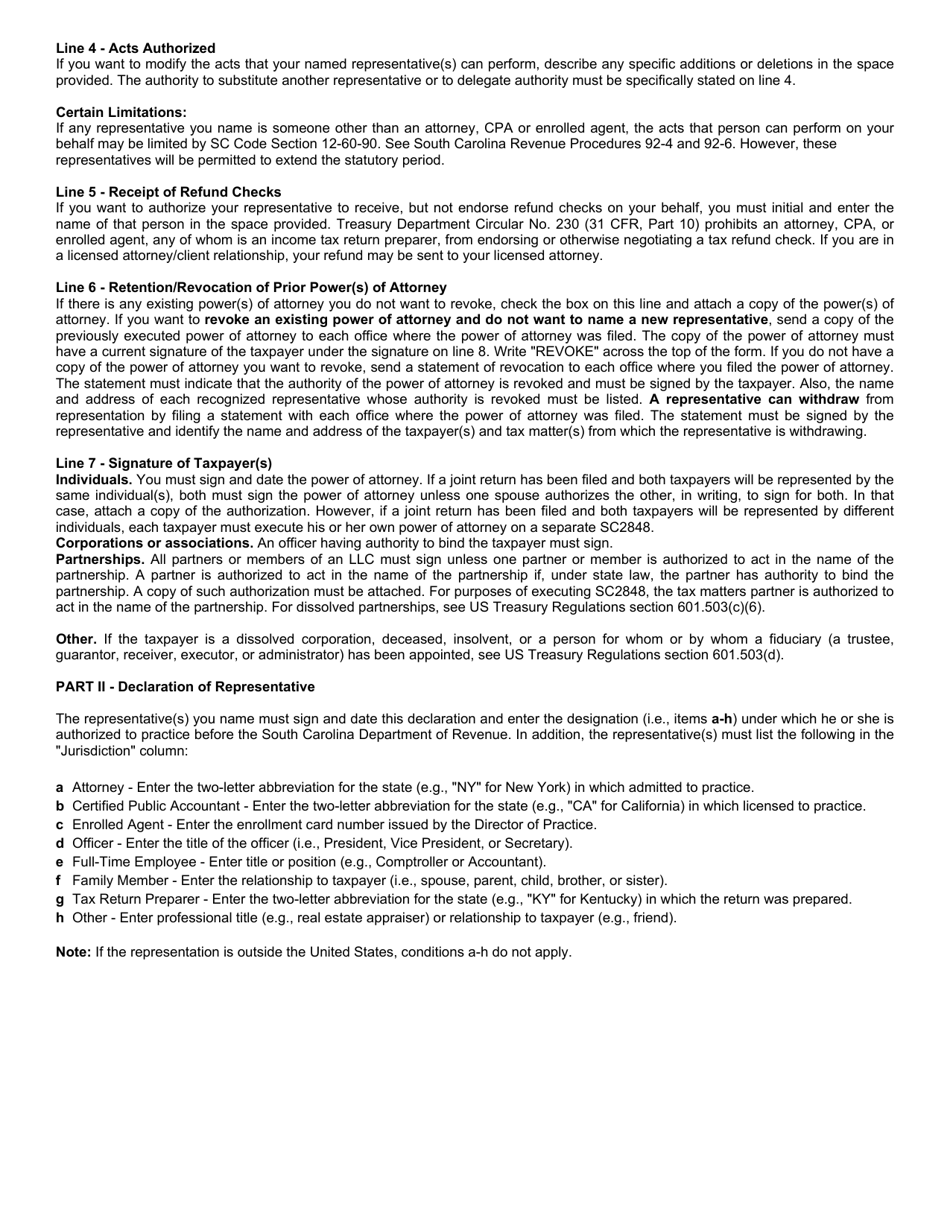 Form SC2848 Power of Attorney and Declaration of Representative - South Carolina, Page 4
