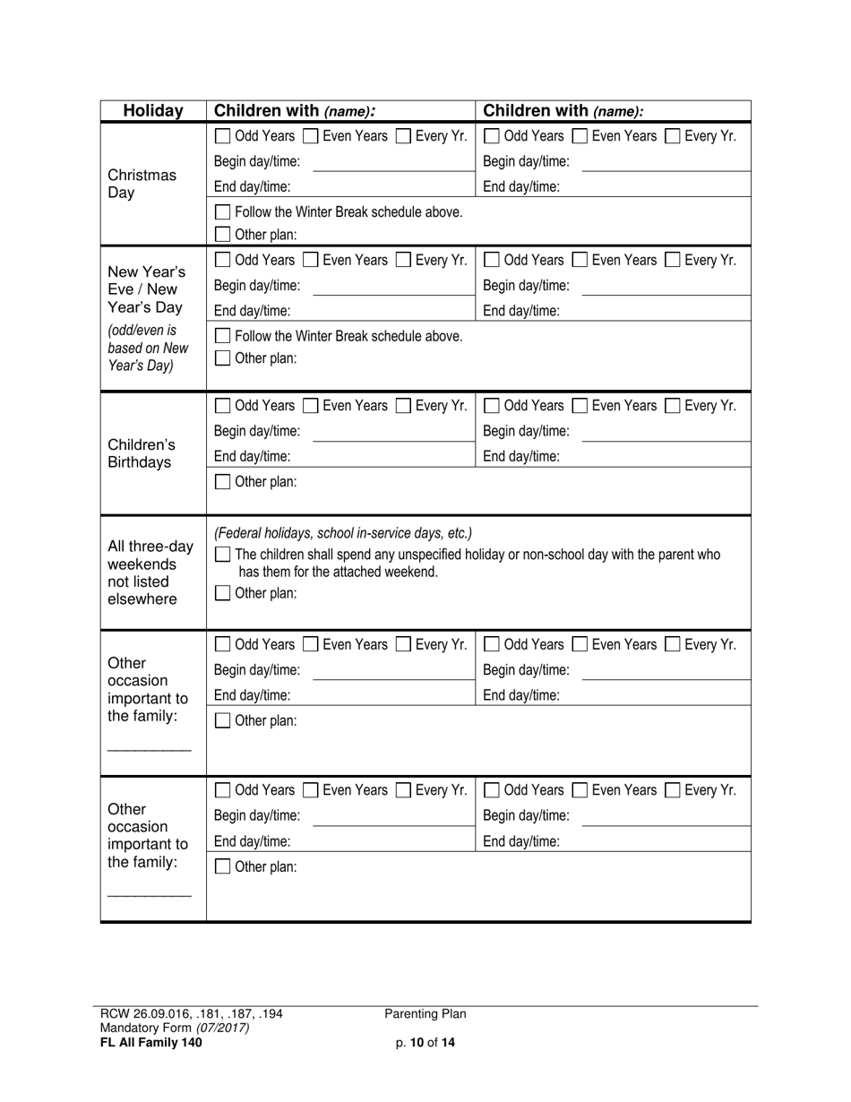 Form FL All Family140 Parenting Plan - Washington, Page 10