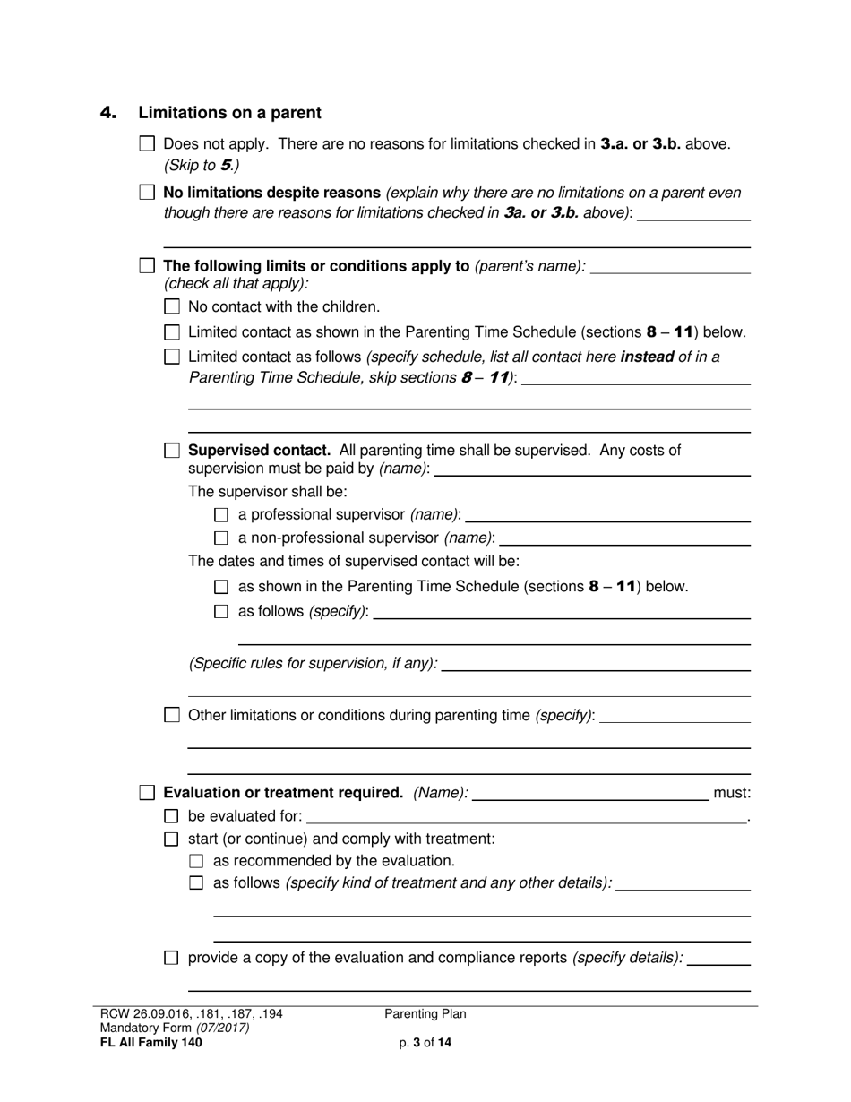 Form FL All Family140 Parenting Plan - Washington, Page 3