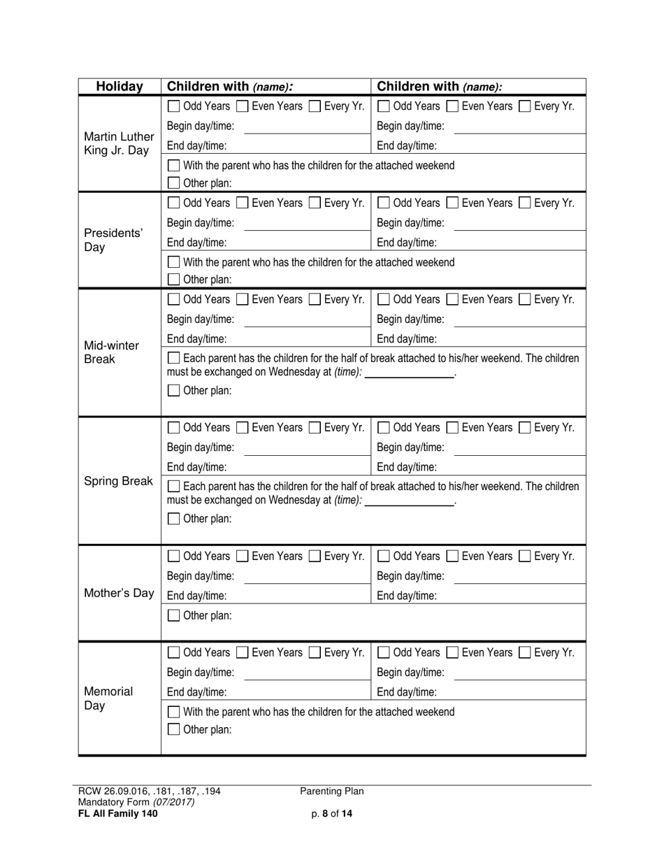Form FL All Family140 Parenting Plan - Washington, Page 8