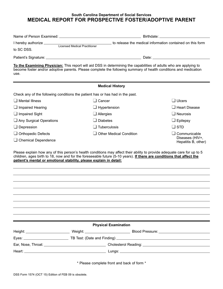 DSS Form 1574 Medical Report for Prospective Foster / Adoptive Parent - South Carolina, Page 1