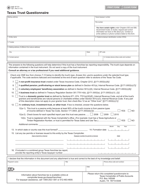 Form AP-231 Texas Trust Questionnaire Form - Texas