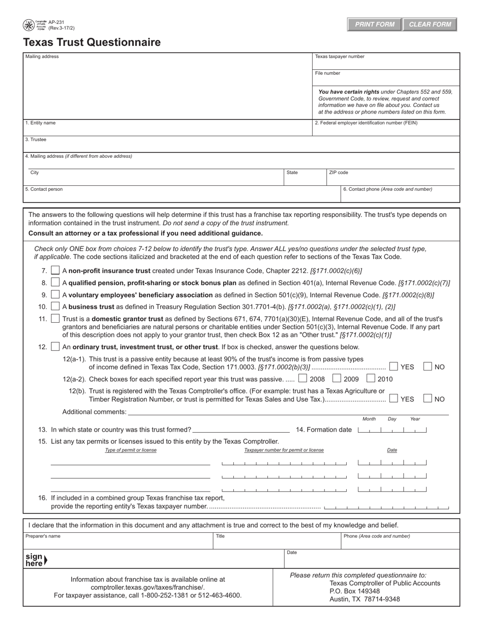 Form AP-231 Texas Trust Questionnaire Form - Texas, Page 1