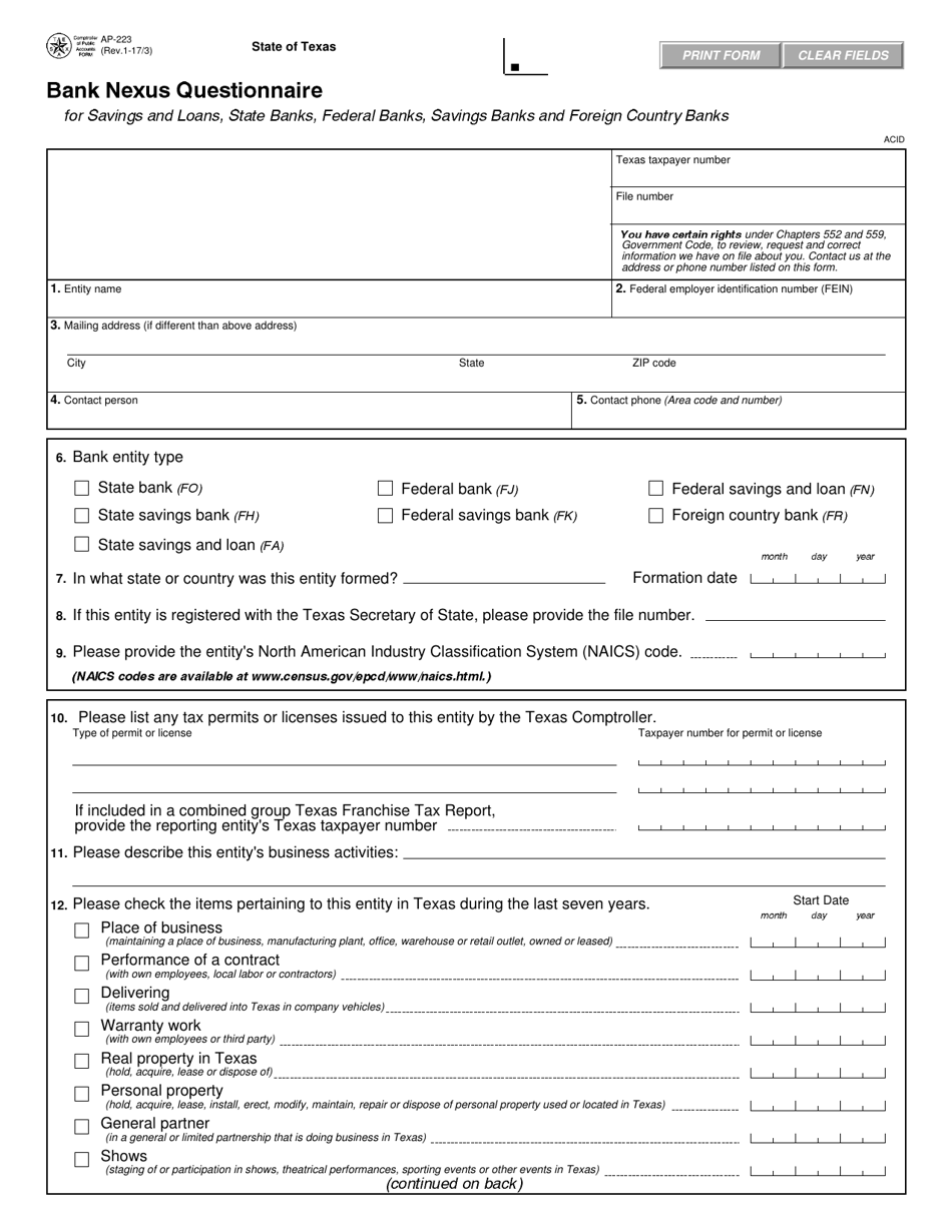 Form AP-223 Bank Nexus Questionnaire - Texas, Page 1