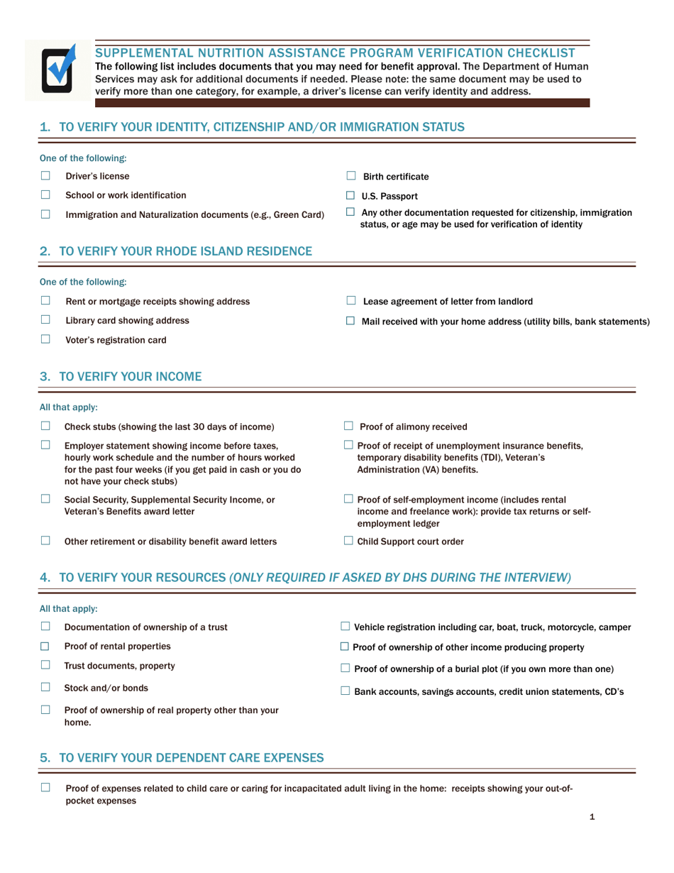 Supplemental Nutrition Assistance Program Verification Checklist - Rhode Island, Page 1
