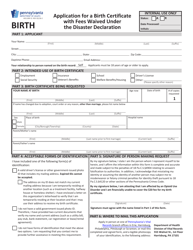 Document preview: Form HD1106F-O Application for a Birth Certificate With Fees Waived Under the Disaster Declaration - Pennsylvania