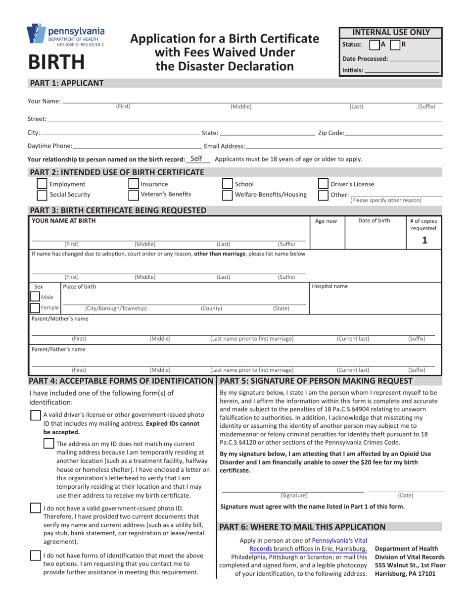 Form HD1106F-O Application for a Birth Certificate With Fees Waived Under the Disaster Declaration - Pennsylvania, Page 1