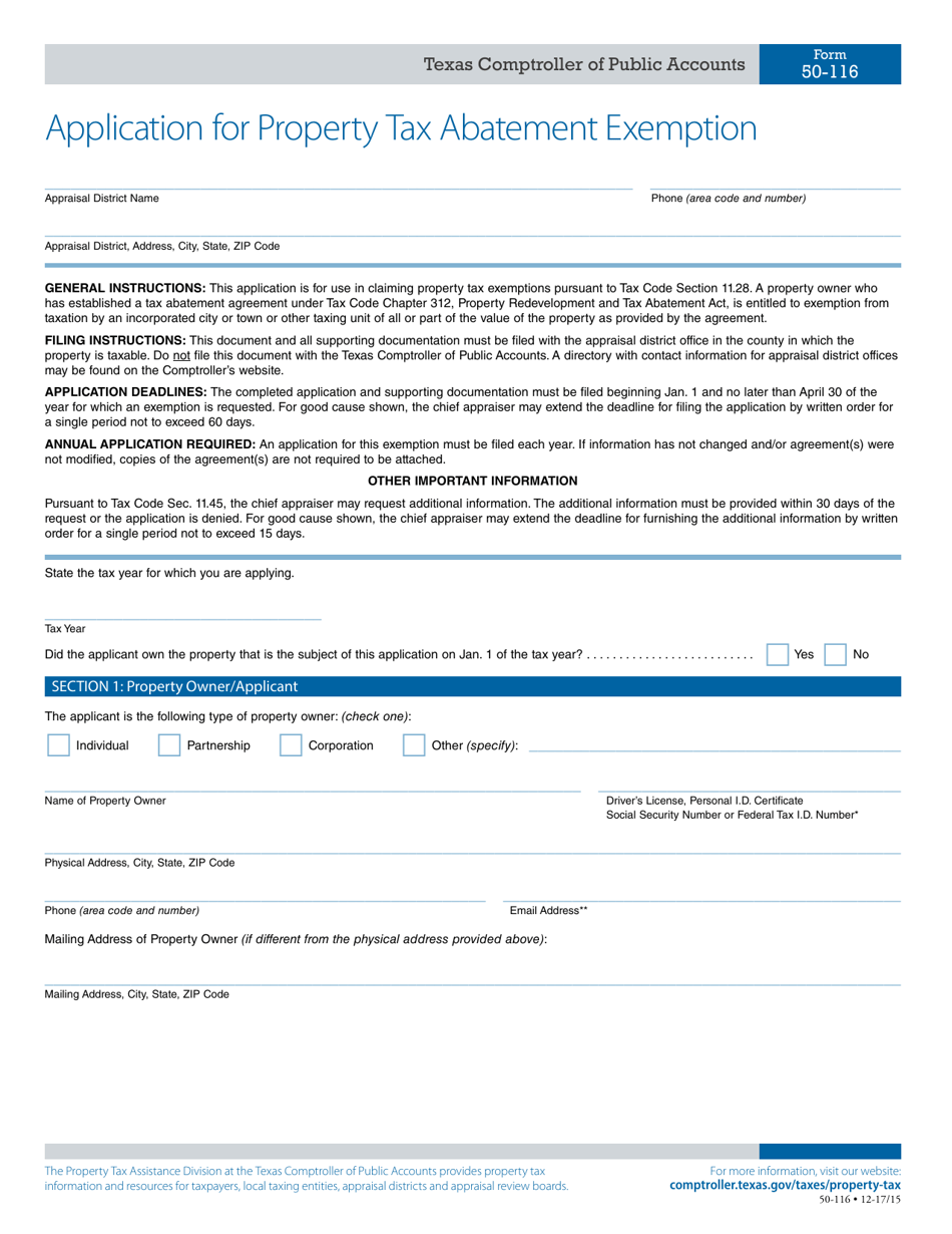 Form 50-116 Application for Property Tax Abatement Exemption - Texas, Page 1