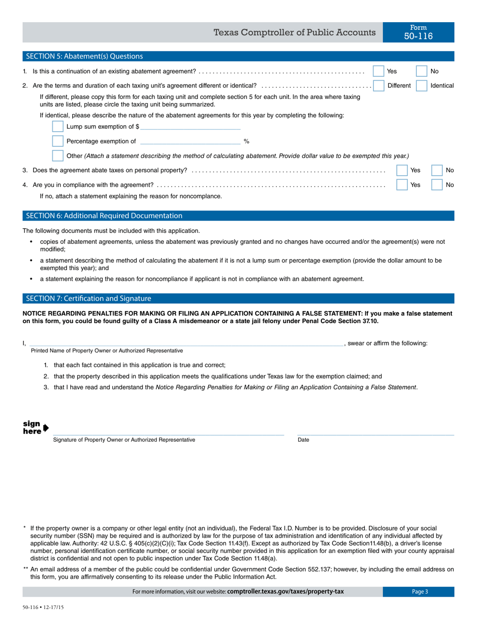 Form 50-116 Application for Property Tax Abatement Exemption - Texas, Page 3