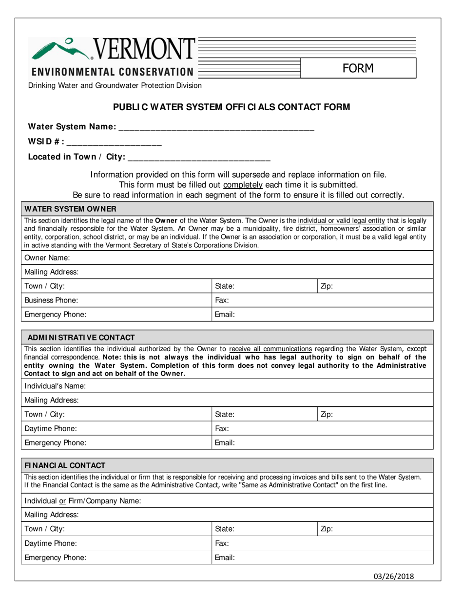 Public Water System Officials Contact Form - Vermont, Page 1