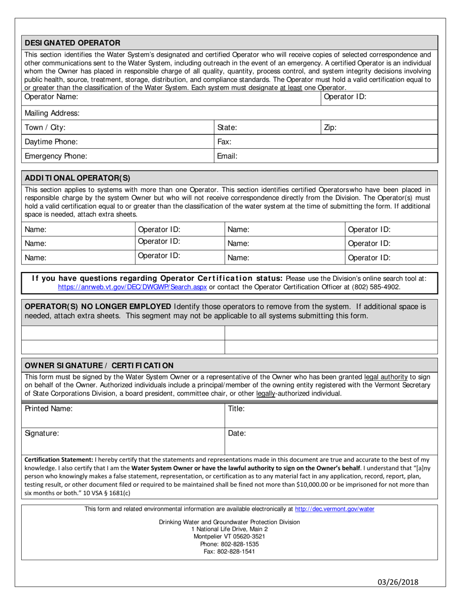 Public Water System Officials Contact Form - Vermont, Page 2