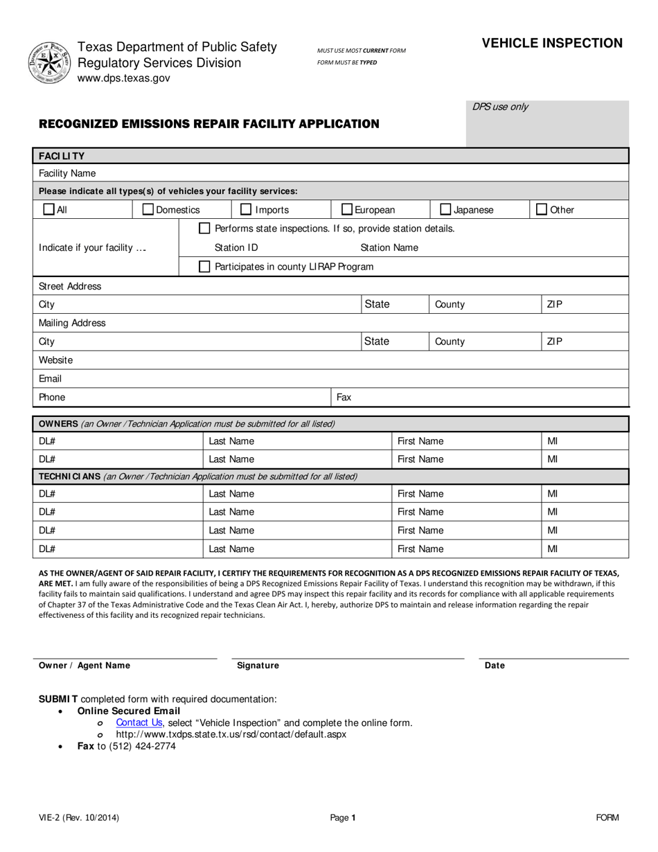 Form VIE-2 Recognized Emissions Repair Facility Application - Texas, Page 1