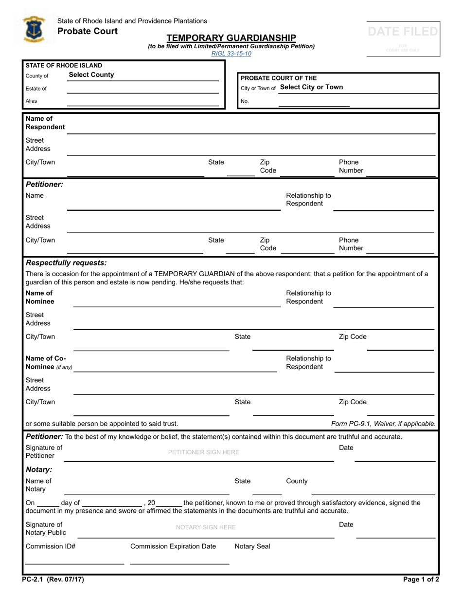 Form PC-2.1 Temporary Guardianship - Rhode Island, Page 1