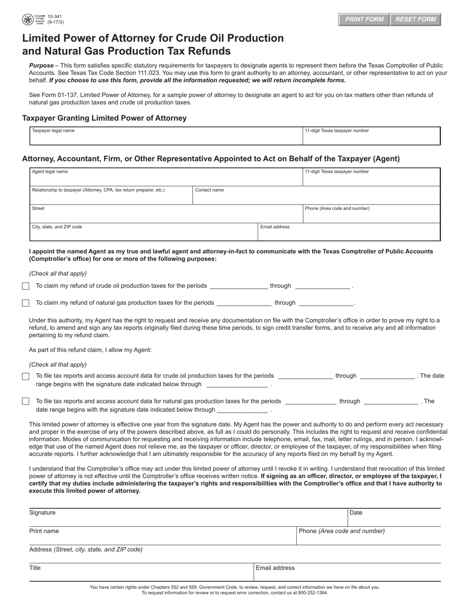 Form 10-341 Limited Power of Attorney for Crude Oil Production and Natural Gas Production Tax Refunds - Texas, Page 1