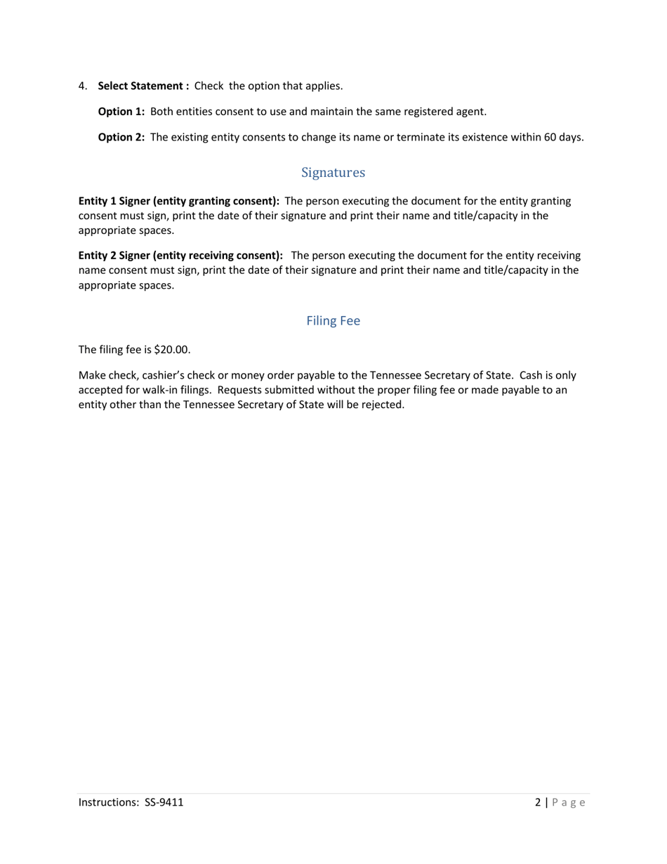 Form SS-9411 Application for Use of Indistinguishable Name (Duplicate Name Consent) - Tennessee, Page 2