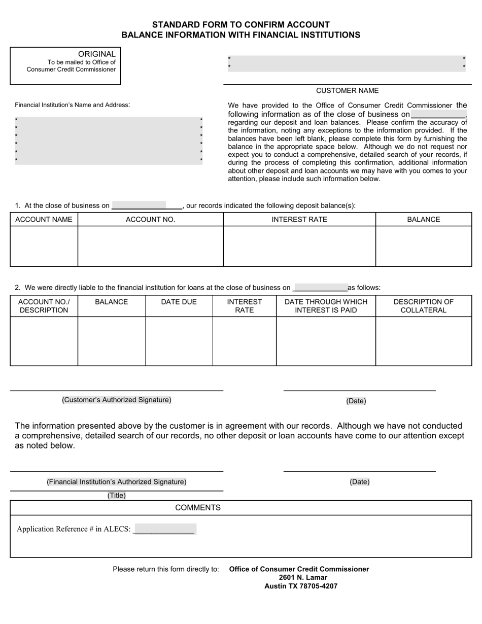 Standard Form to Confirm Account Balance Information With Financial Institutions - Texas, Page 1