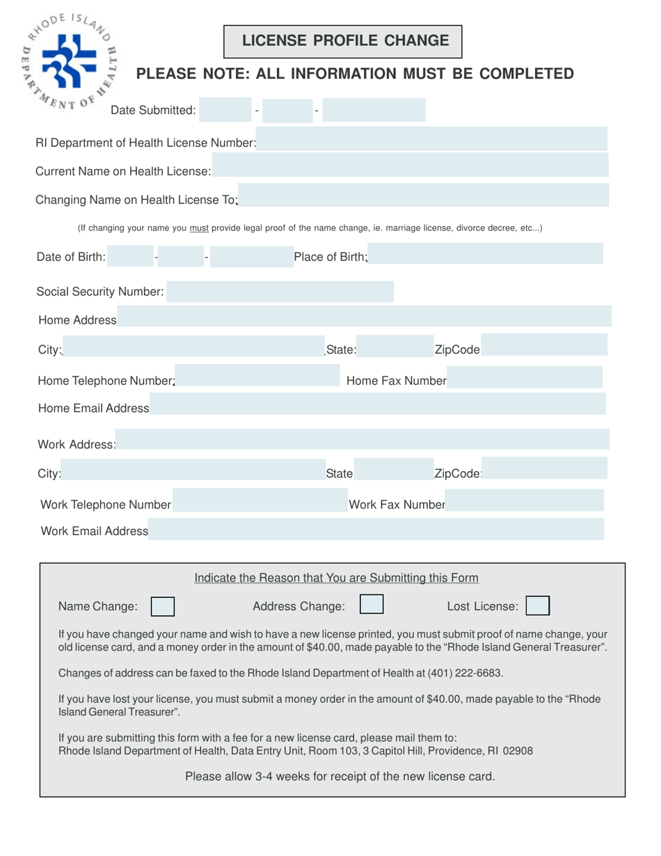 License Profile Change Form - Rhode Island, Page 1