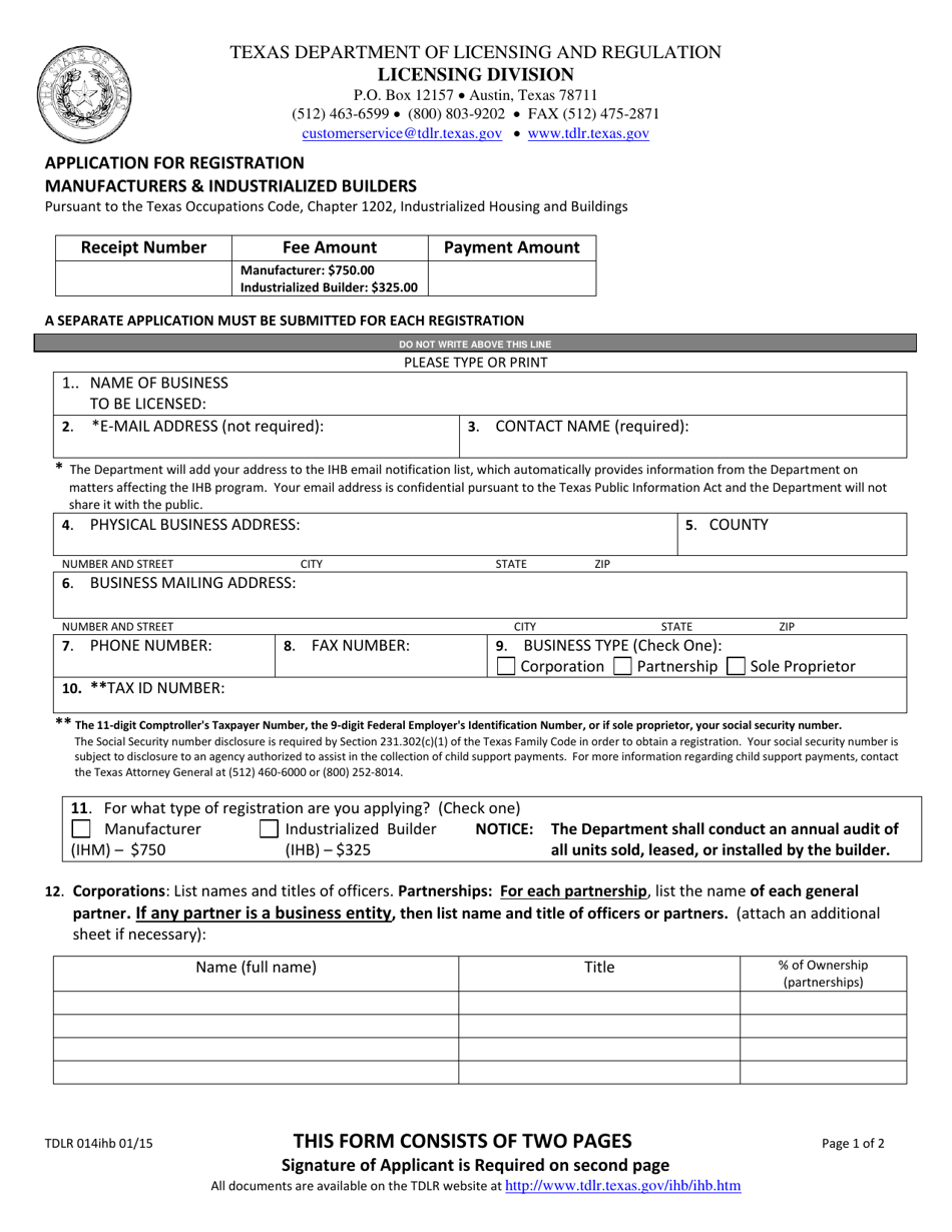 TDLR Form IHB014 Application for Registration Manufacturers  Industrialized Builders - Texas, Page 1