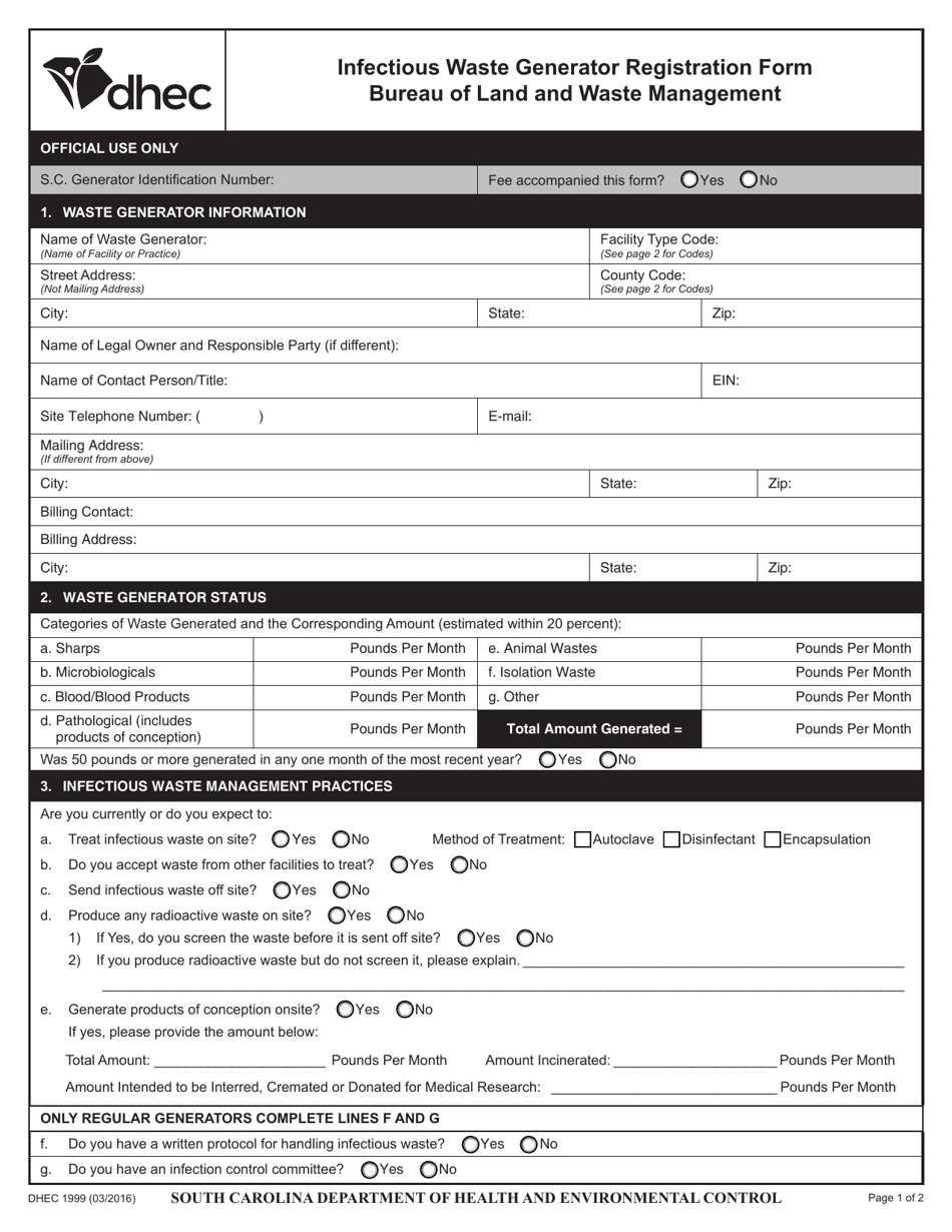 DHEC Form 1999 Infectious Waste Generator Registration Form - South Carolina, Page 1