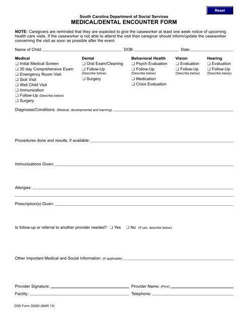 DSS Form 30260 Medical/Dental Encounter Form - South Carolina