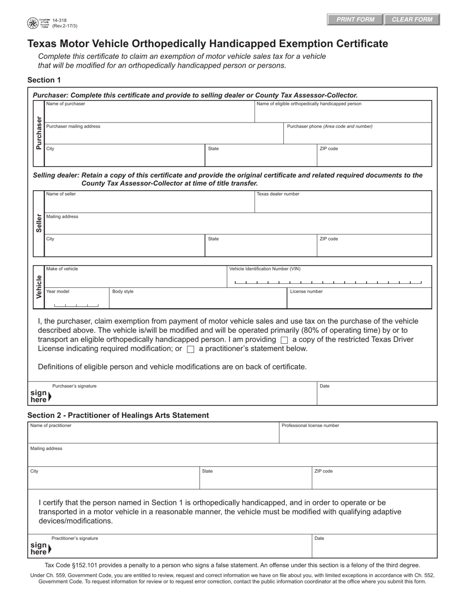 Form 14-318 Texas Motor Vehicle Orthopedically Handicapped Exemption Certificate - Texas, Page 1