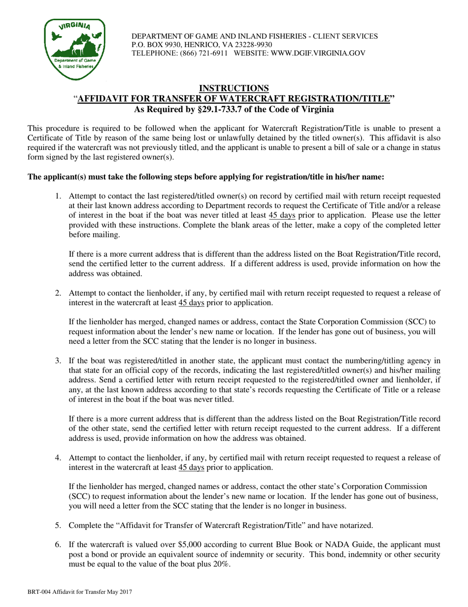 Form BRT-004 Affidavit for Transfer of Watercraft Registration / Title - Virginia, Page 1