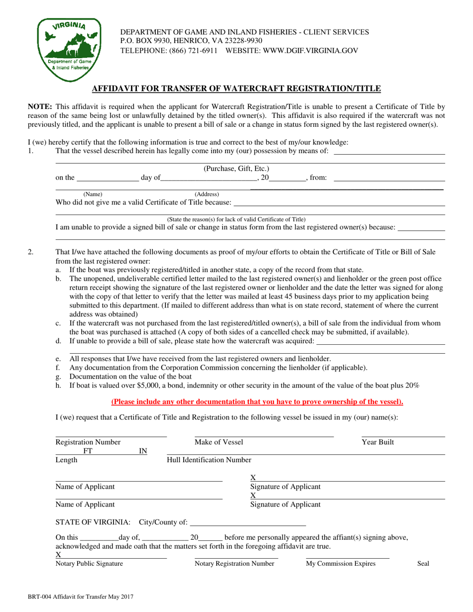 Form BRT-004 Affidavit for Transfer of Watercraft Registration / Title - Virginia, Page 3