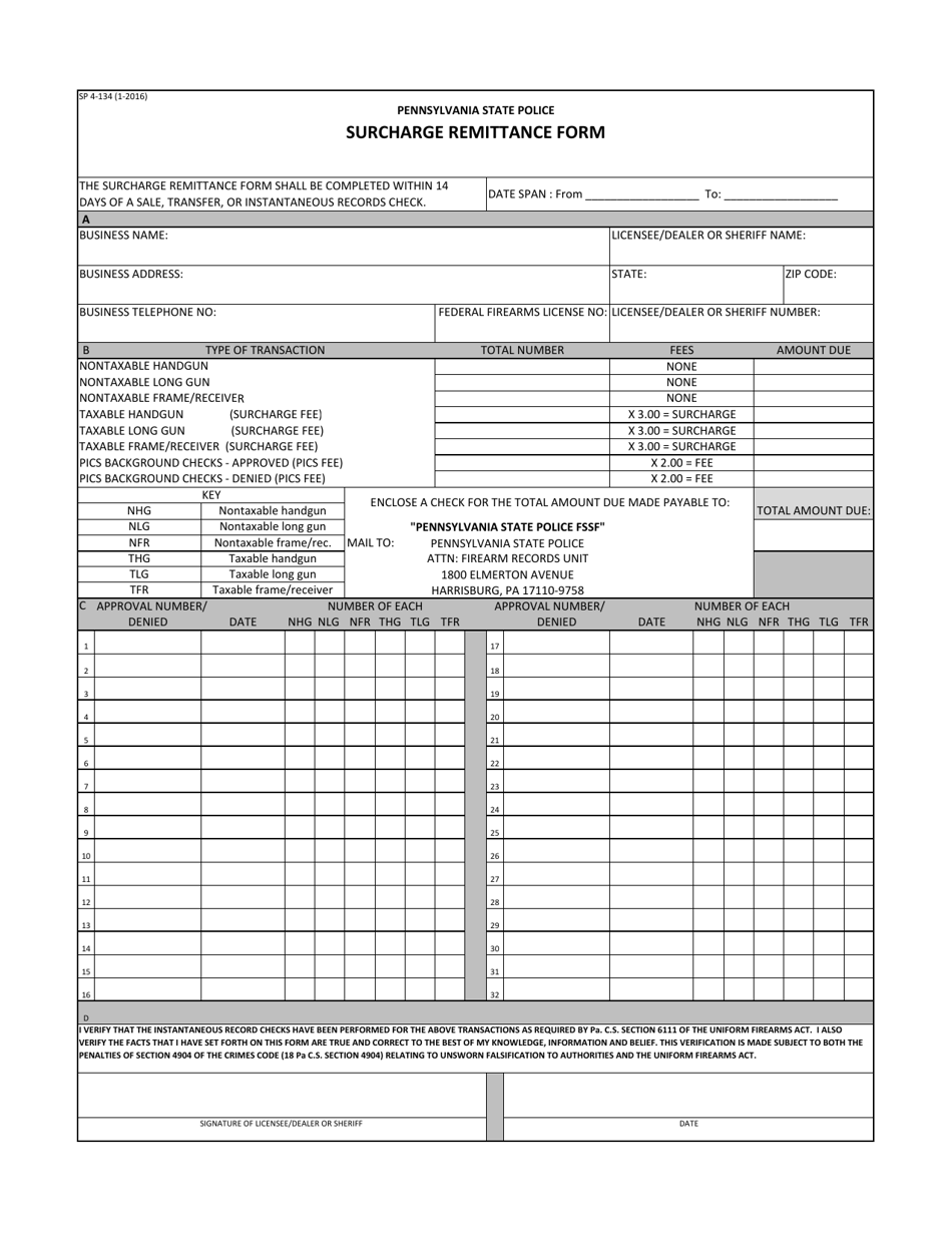 Form SP4-134 Surcharge Remittance Form - Pennsylvania, Page 1