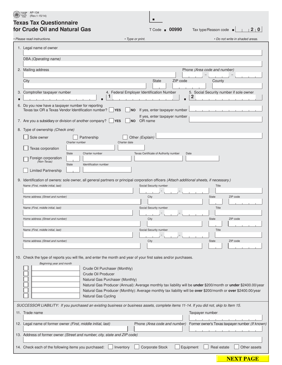 Form AP-134 Texas Tax Questionnaire for Crude Oil and Natural Gas - Texas, Page 1