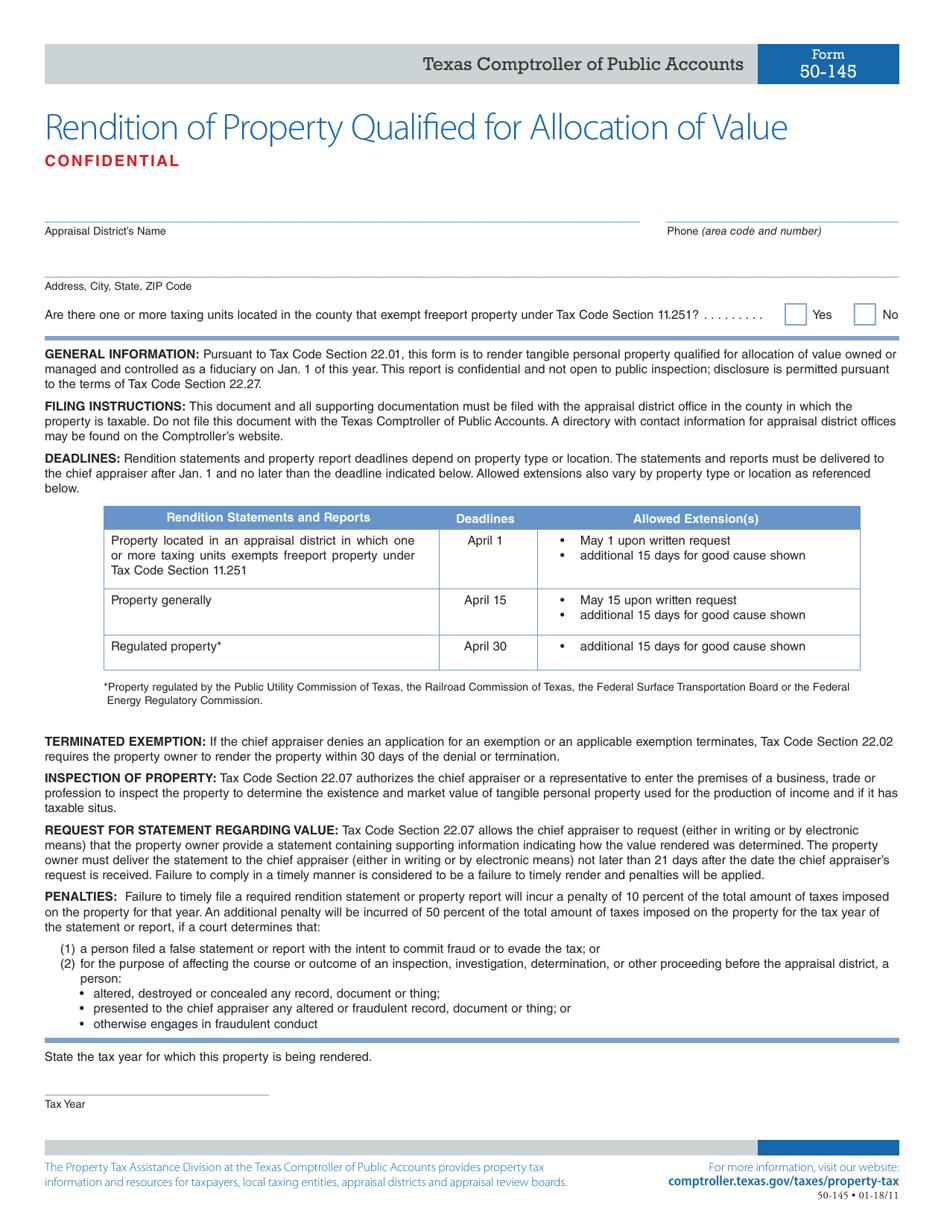 Form 50-145 Rendition of Property Qualified for Allocation of Value - Texas, Page 1
