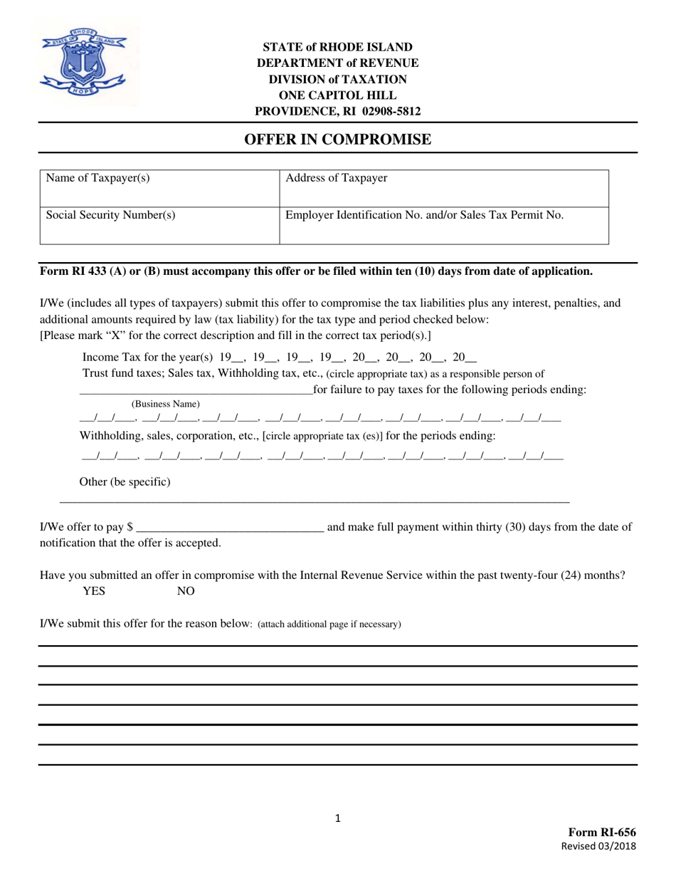 Form RI-656 Offer in Compromise - Rhode Island, Page 1