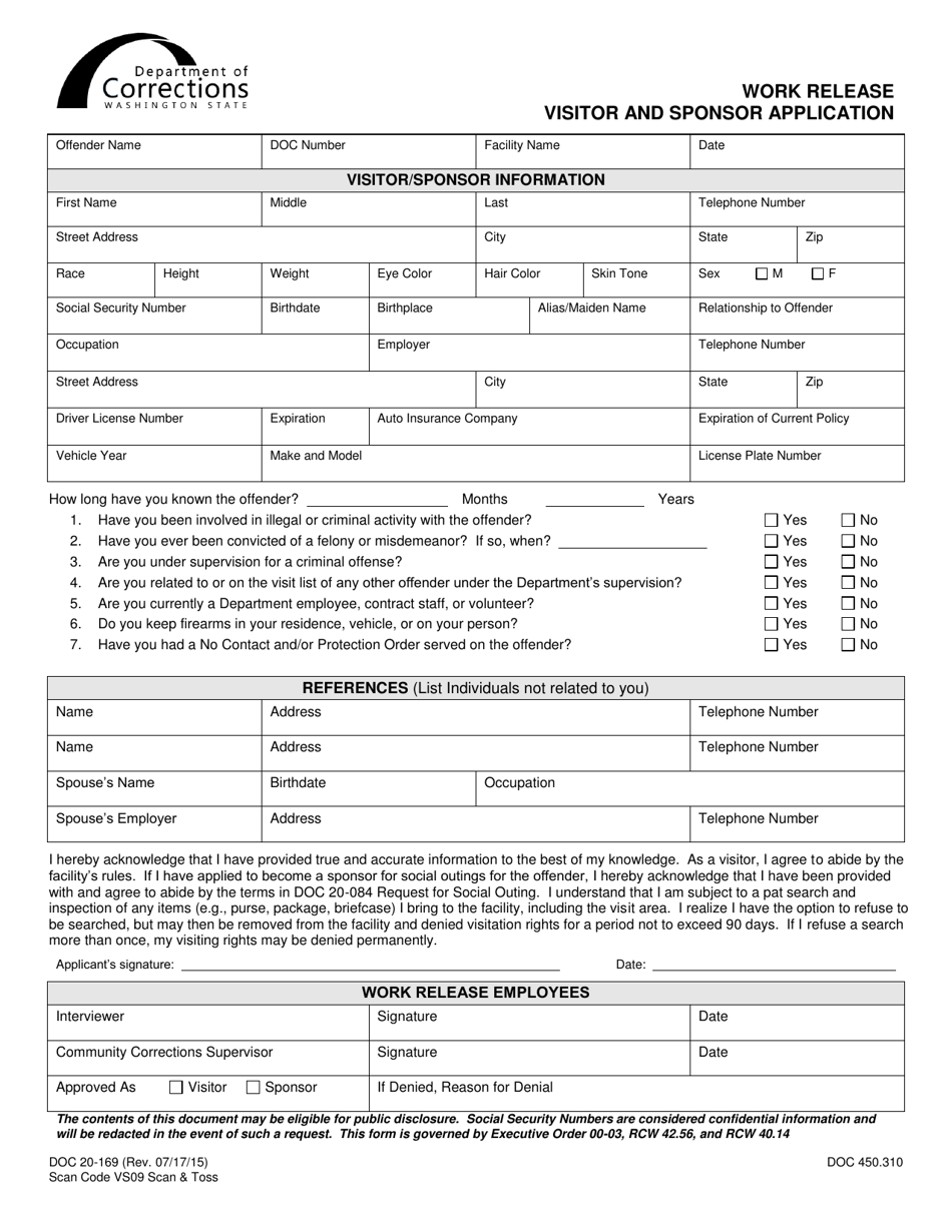Form DOC20-169 Work Release Visitor and Sponsor Application - Washington, Page 1