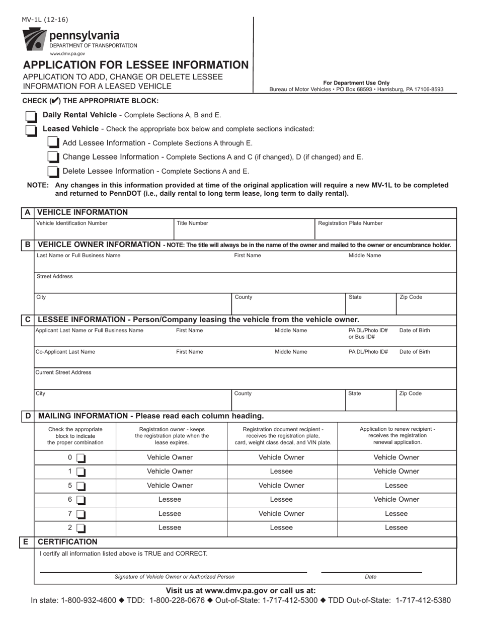 Form MV-1L Application for Lessee Information - Pennsylvania, Page 1