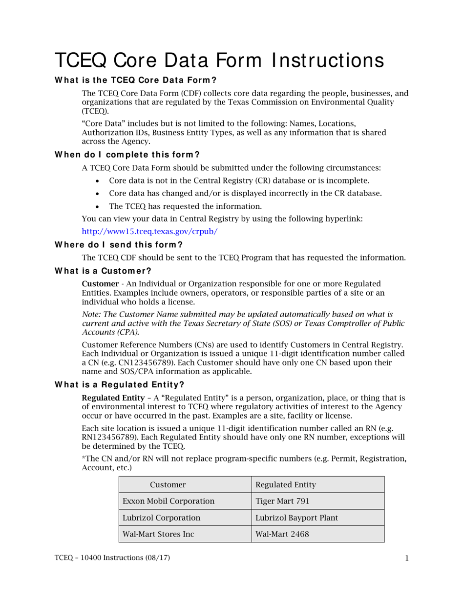 Instructions for Form 10400 Tceq Core Data Form - Texas, Page 1