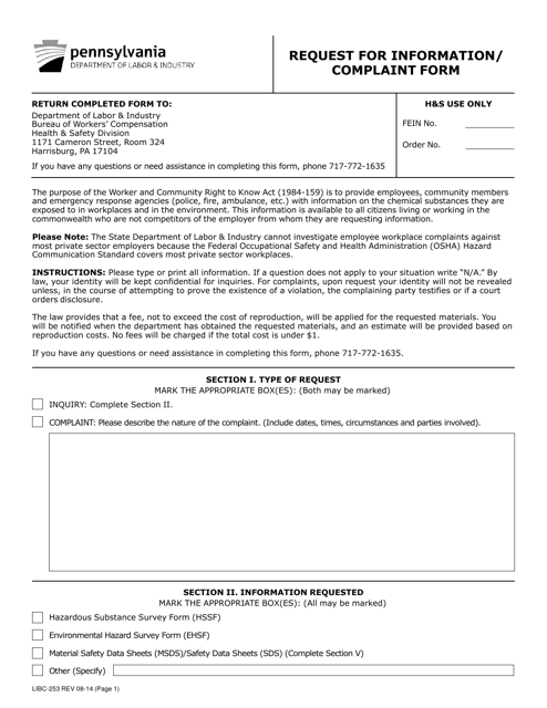 Form LIBC-253 Request for Information/Complaint Form - Pennsylvania