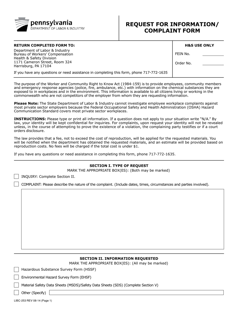 Form LIBC-253 Request for Information / Complaint Form - Pennsylvania, Page 1