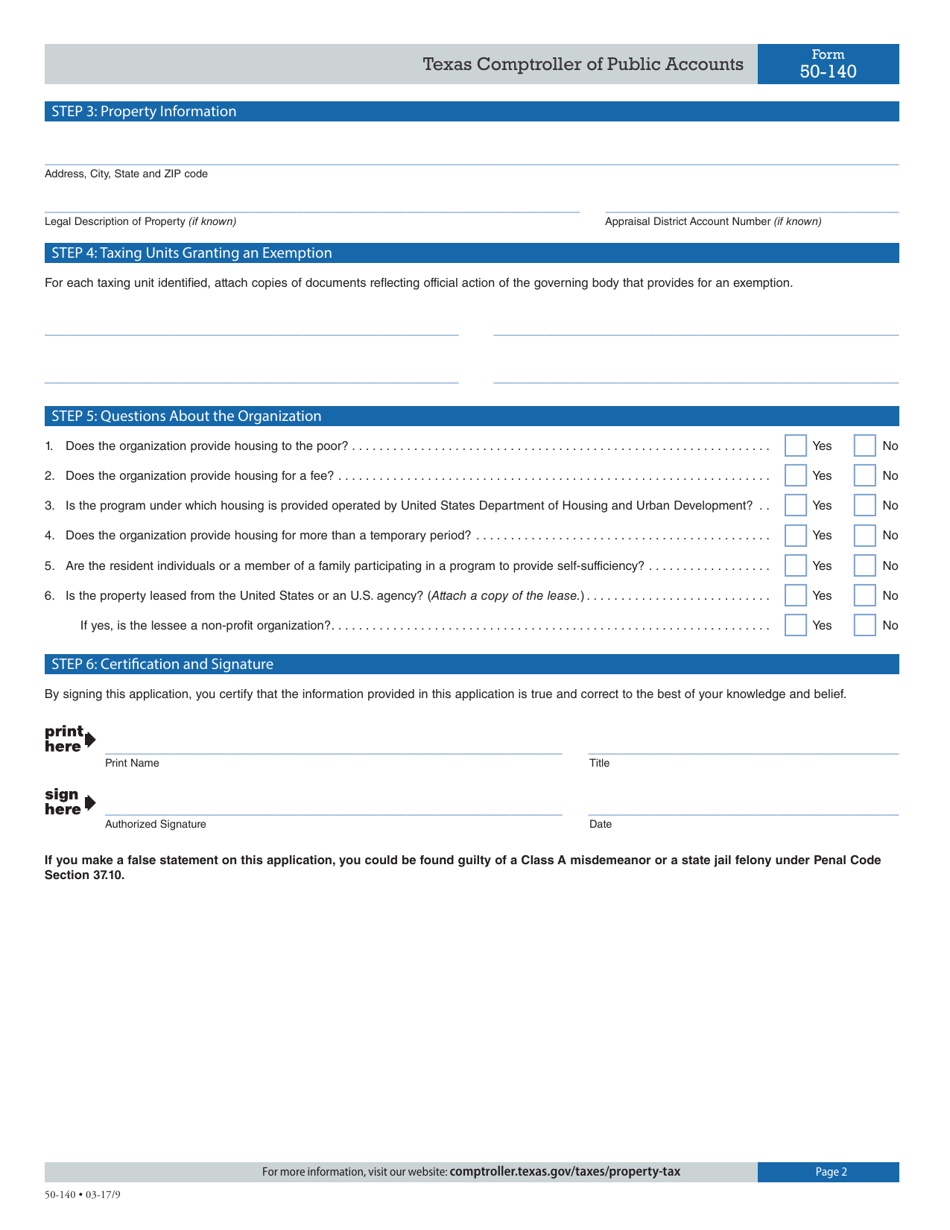 Form 50-140 Application for Transitional Housing Property Tax Exemption - Texas, Page 2
