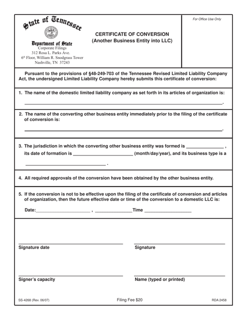 Form SS-4268 Certificate of Conversion (Another Business Entity Into LLC) - Tennessee