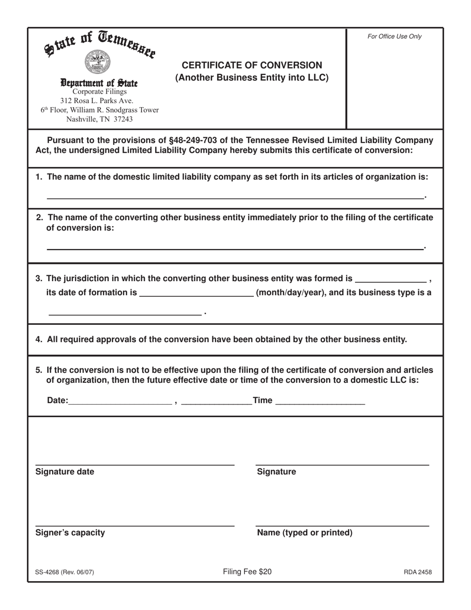 Form SS-4268 Certificate of Conversion (Another Business Entity Into LLC) - Tennessee, Page 1