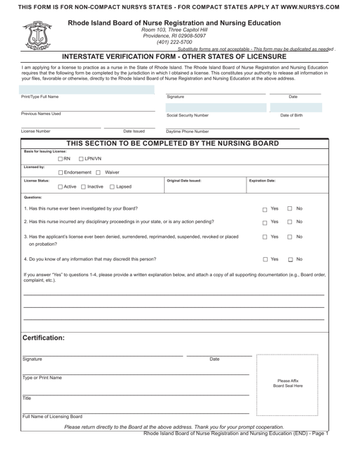 Interstate Verification Form - Other States of Licensure - Rhode Island