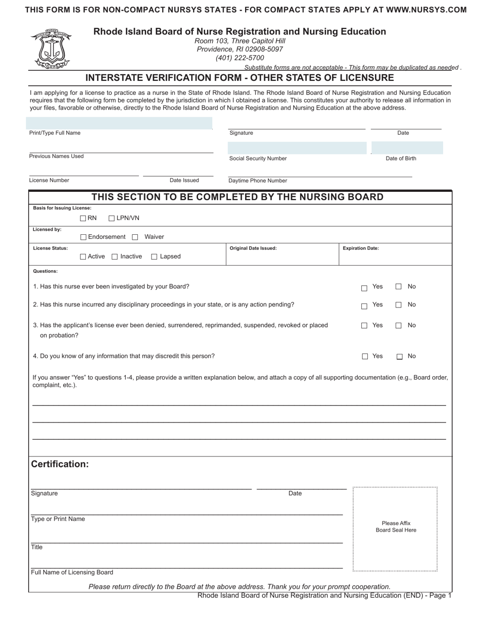 Interstate Verification Form - Other States of Licensure - Rhode Island, Page 1