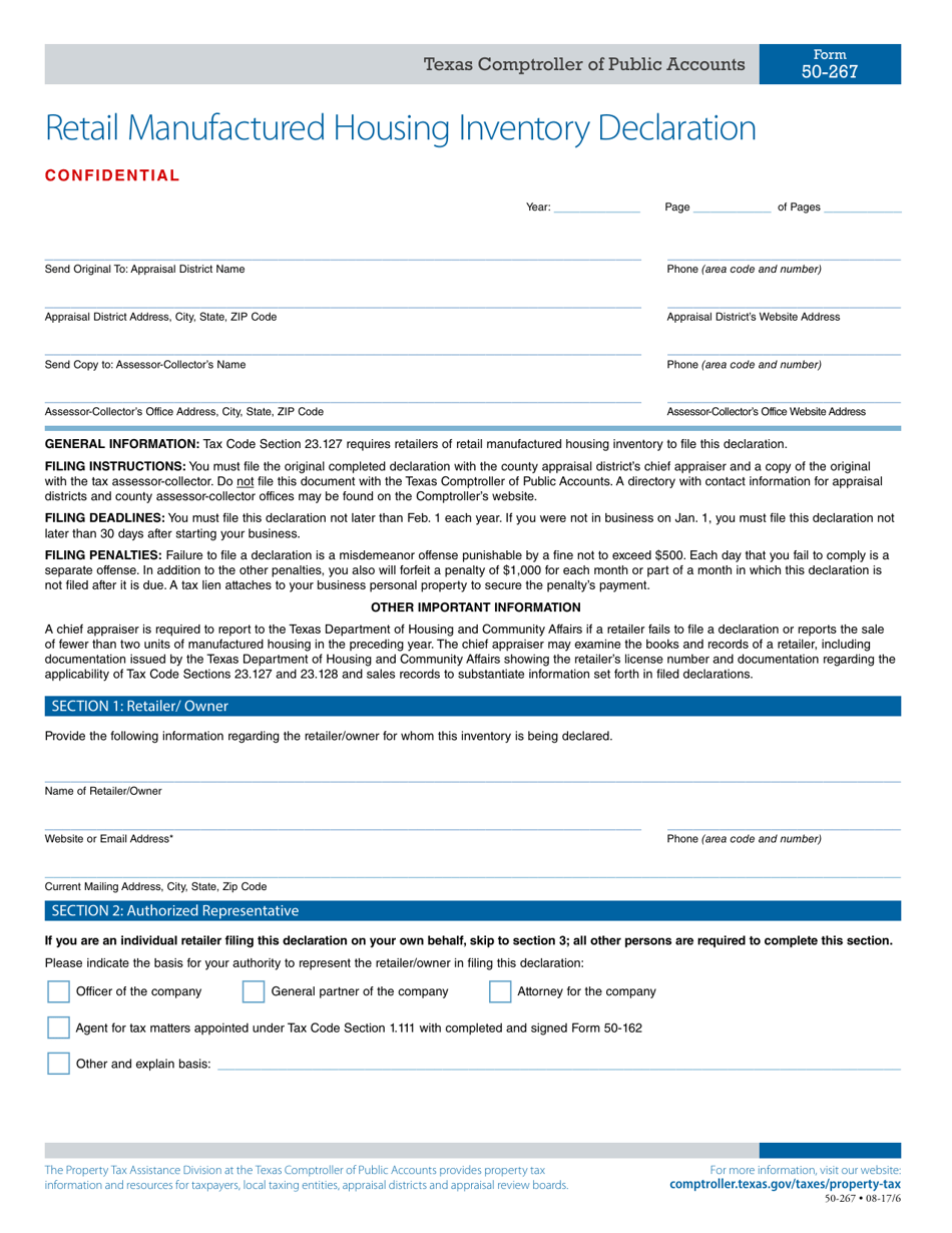 Form 50-267 Retail Manufactured Housing Inventory Declaration - Texas, Page 1
