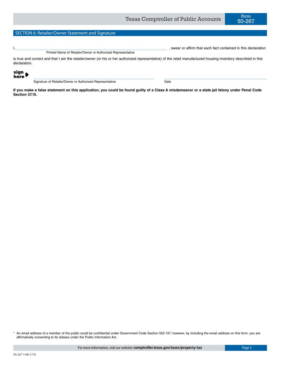 Form 50-267 Retail Manufactured Housing Inventory Declaration - Texas, Page 3