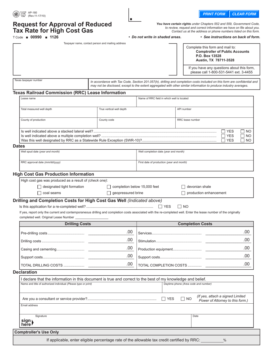 Form AP-180 Request for Approval of Reduced Tax Rate for High Cost Gas - Texas, Page 1