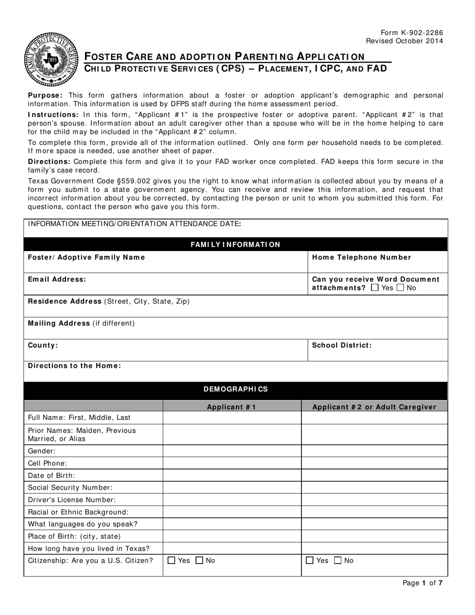 Form K-902-2286 Foster Care and Adoption Parenting Application - Texas, Page 1