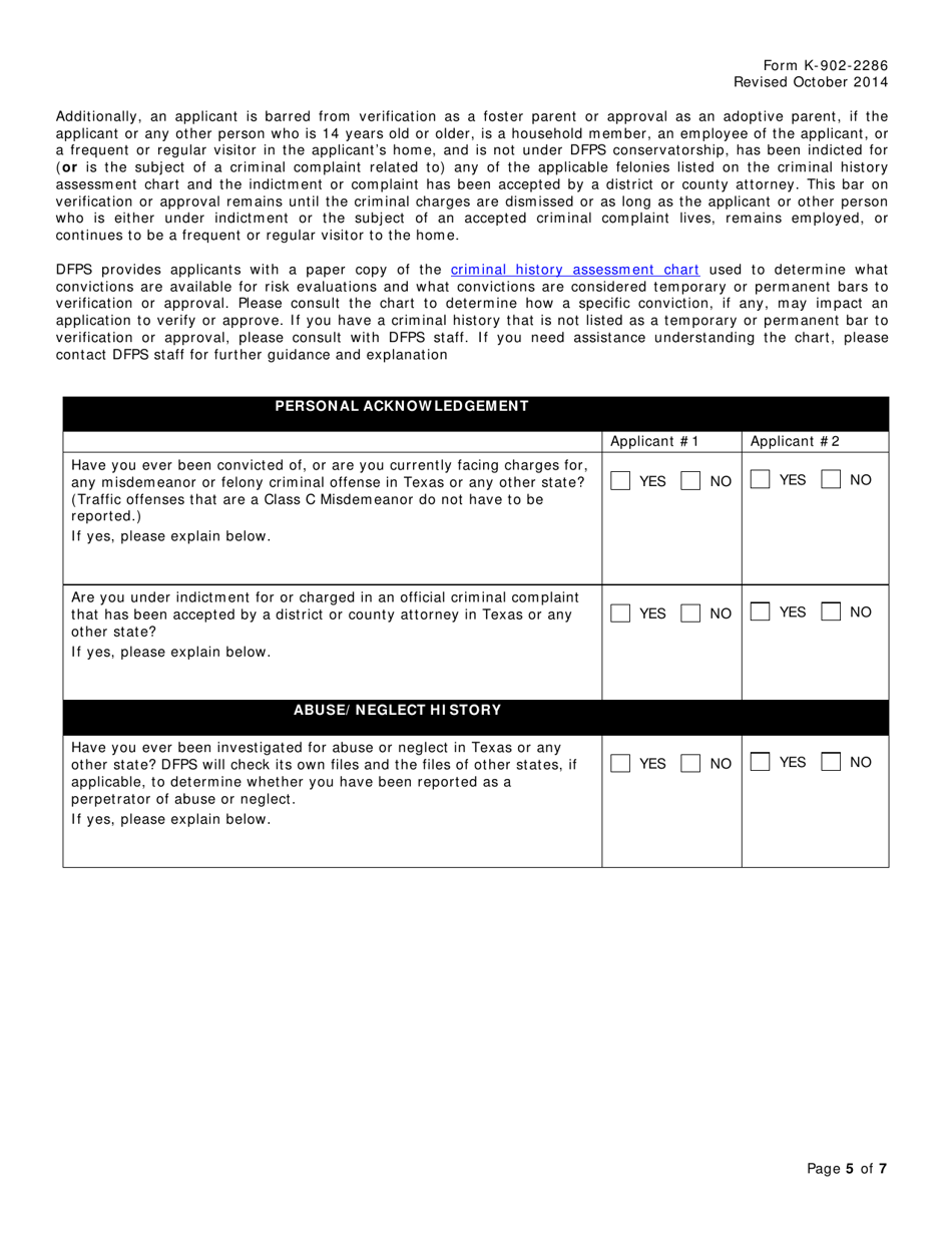 Form K-902-2286 Foster Care and Adoption Parenting Application - Texas, Page 5