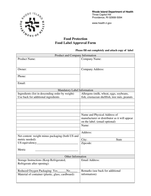 Food Protection Food Label Approval Form - Rhode Island Download Pdf