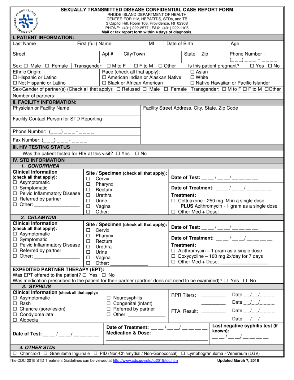 Sexually Transmitted Disease Confidential Case Report Form - Rhode Island, Page 1